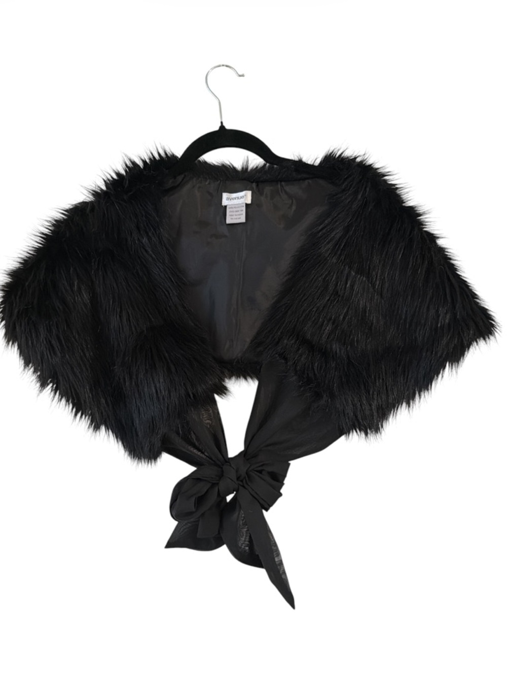 Avenue Black Faux Fur Off The Shoulder Wrap Satin Tie Bow Accent Capelet